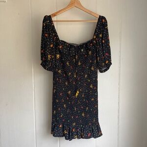Ruched Fruit Print Black Mini FARM Rio Dress Sz M